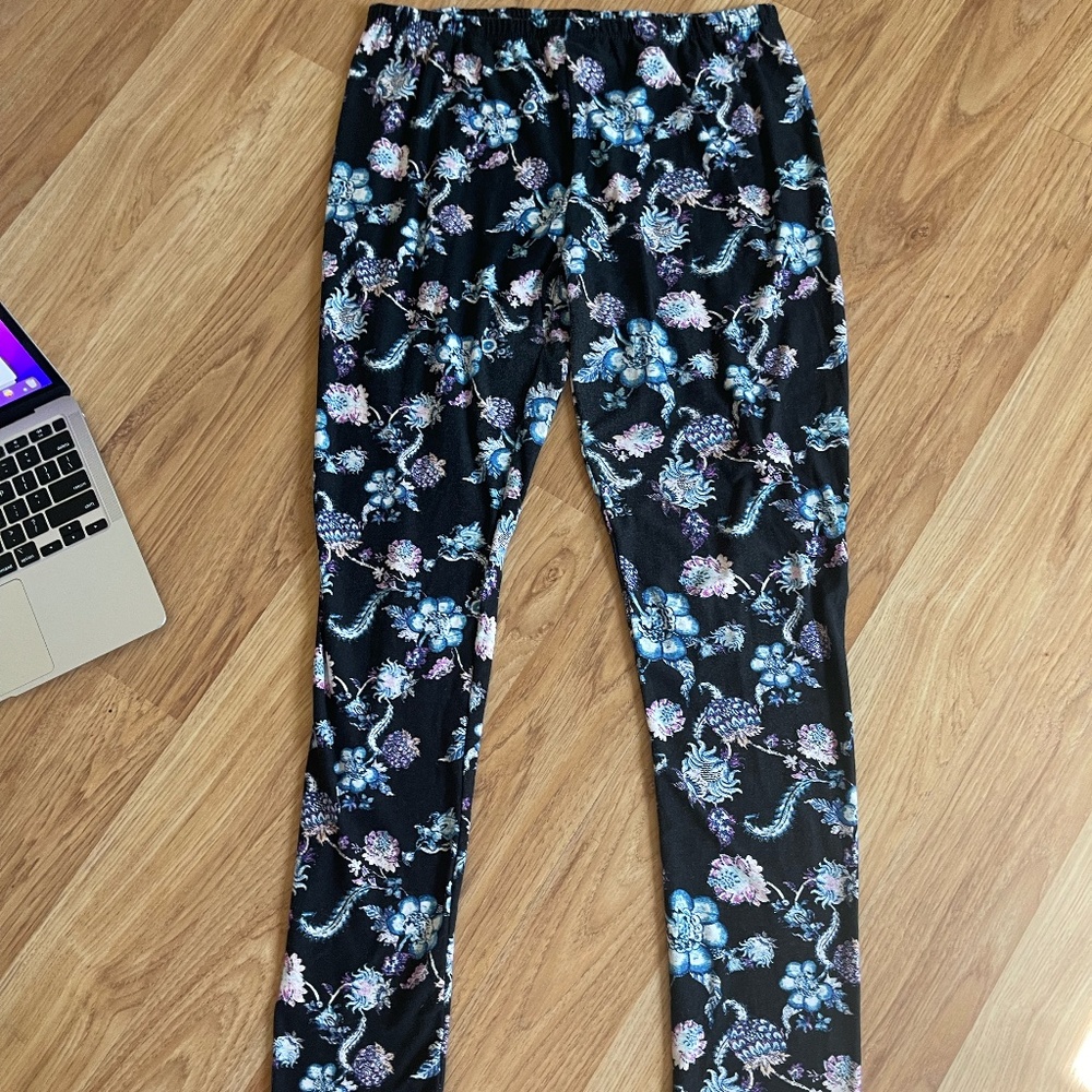 Pink Rose Black Floral Stretch Leggings with Blue & Lavender Blooms